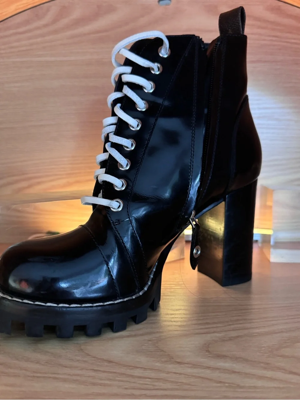 Louis Vuitton Black Patent Lace-Up Chunky Heel Ankle Boots with White Laces